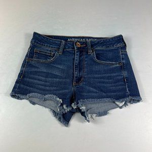American Eagle Short Women's 6 Hi Rise Shortie Blue Cut Off Whisker Denim Jorts